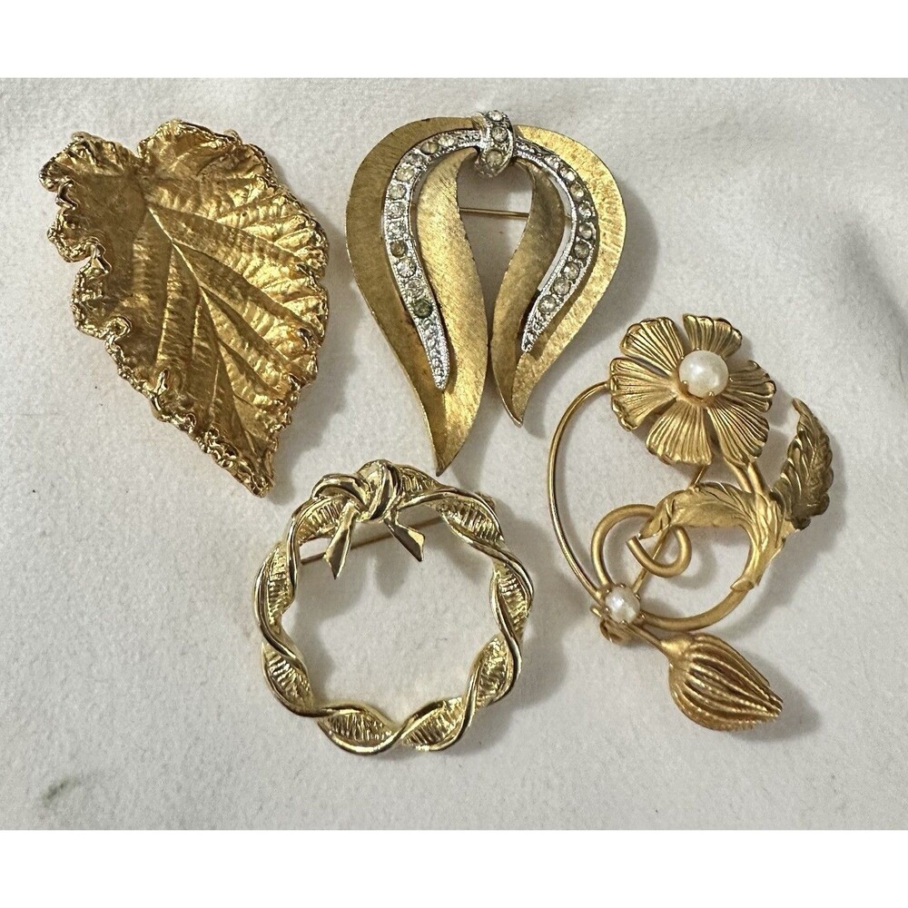 Vintage Gold Tone Brooch Lot of 4 Napier JJ Floral Leaf Rhinestone Faux Pearl